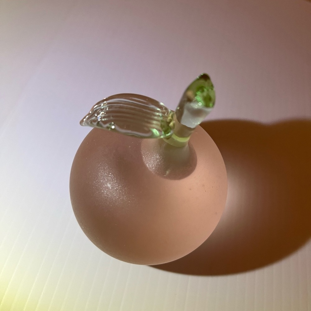 Frosted Art Glass Peach Apple Paperweight Green stem leaf 3" By Crowning Touch